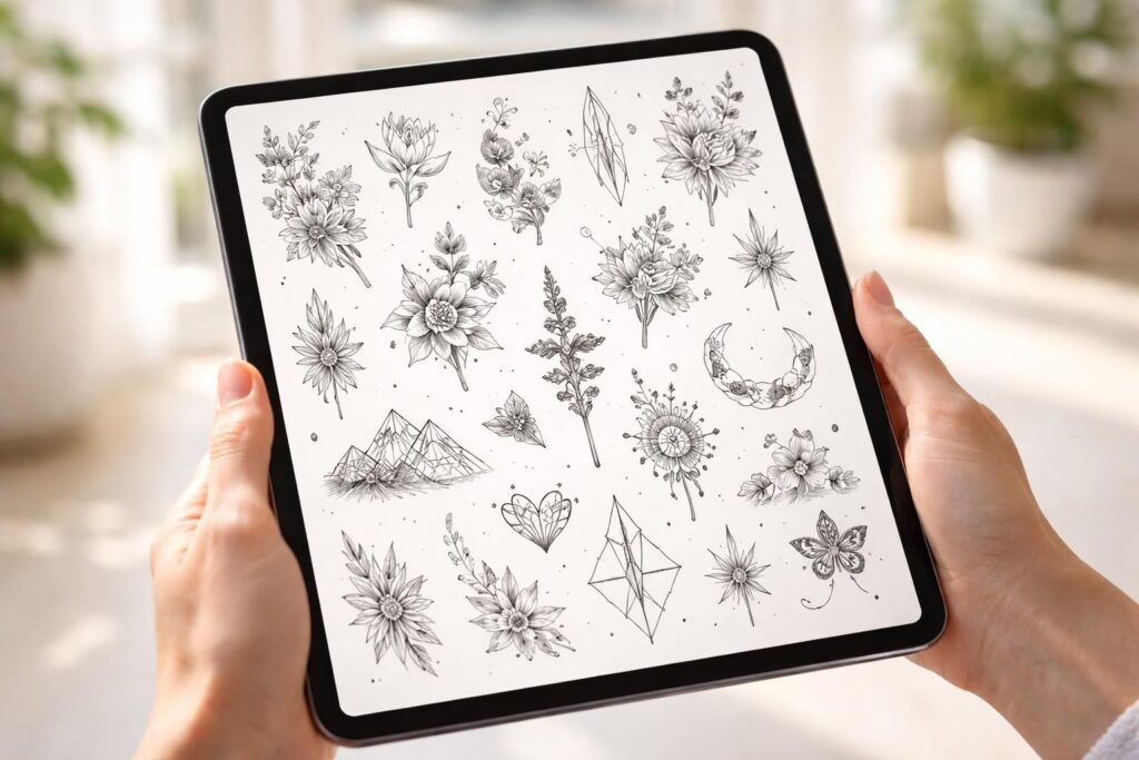 découvrez une galerie élégante de flashs tatouage présentée sur ipad, alliant créativité et modernité pour inspirer vos futurs tatouages.