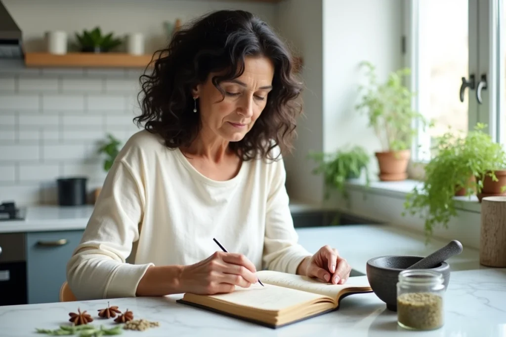 Femme lisant une recette de grand-mère avec des ingrédients naturels pour prendre soin de sa poitrine à la maison