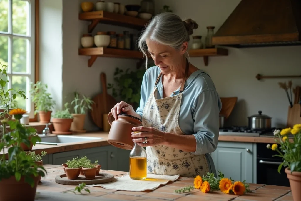 Grand-mère versant une infusion de plantes naturelles dans sa cuisine traditionnelle pour une recette beauté maison