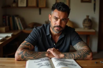 Homme polynésien étudiant des motifs de tatouage tribal traditionnel dans un livre de référence ethnographique