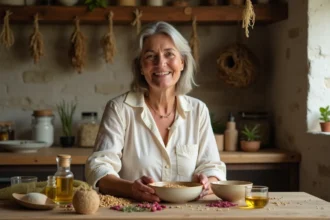 Femme mature préparant une recette de grand-mère avec des plantes naturelles pour prendre soin de sa poitrine