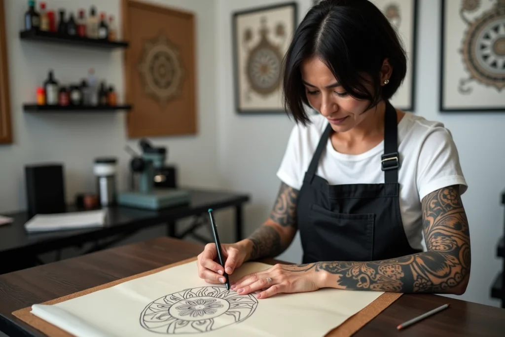Tatoueuse professionnelle traçant un motif tribal authentique sur papier calque dans son studio