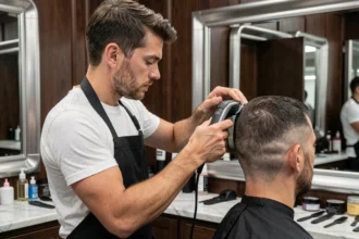 Coiffeur analysant un dégradé fade tapered sur la nuque d'un client dans un salon de coiffure classique