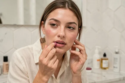 Jeune femme appliquant un baume à lèvres teinté rose devant un miroir de salle de bain en marbre