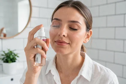 Femme appliquant une brume hydratante sur son visage dans une salle de bain lumineuse