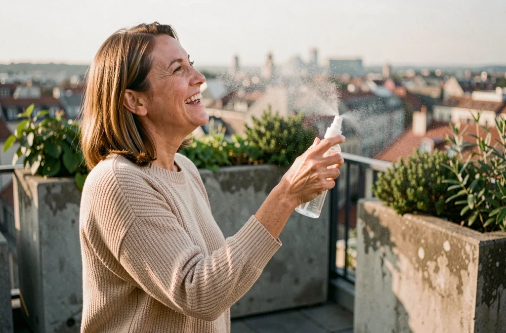 Femme utilisant une brume visage rafraîchissante sur une terrasse urbaine en extérieur