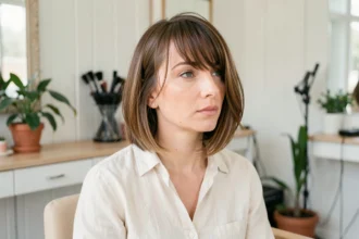 Femme aux cheveux fins arborant une coupe au carré dégradé avec volume et mouvement, photographiée dans un salon de coiffure scandinave