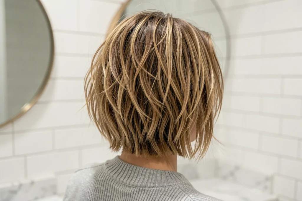 Jeune femme avec un carré dégradé texturé sur cheveux fins photographiée dans une salle de bain minimaliste, effet volume naturel