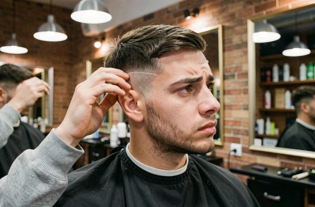 Jeune homme examinant un dégradé tapered raté dans le miroir d'un salon de coiffure urbain