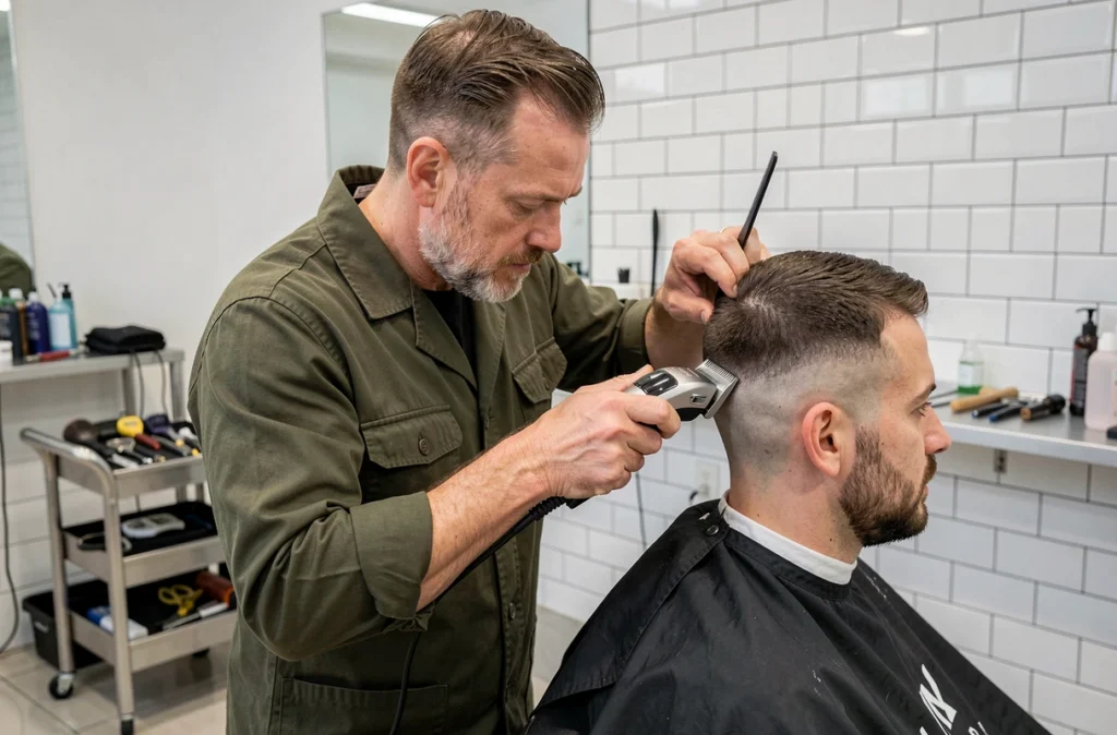 Barbier professionnel corrigeant une erreur de dégradé fade tapered au niveau des tempes avec une tondeuse et un peigne