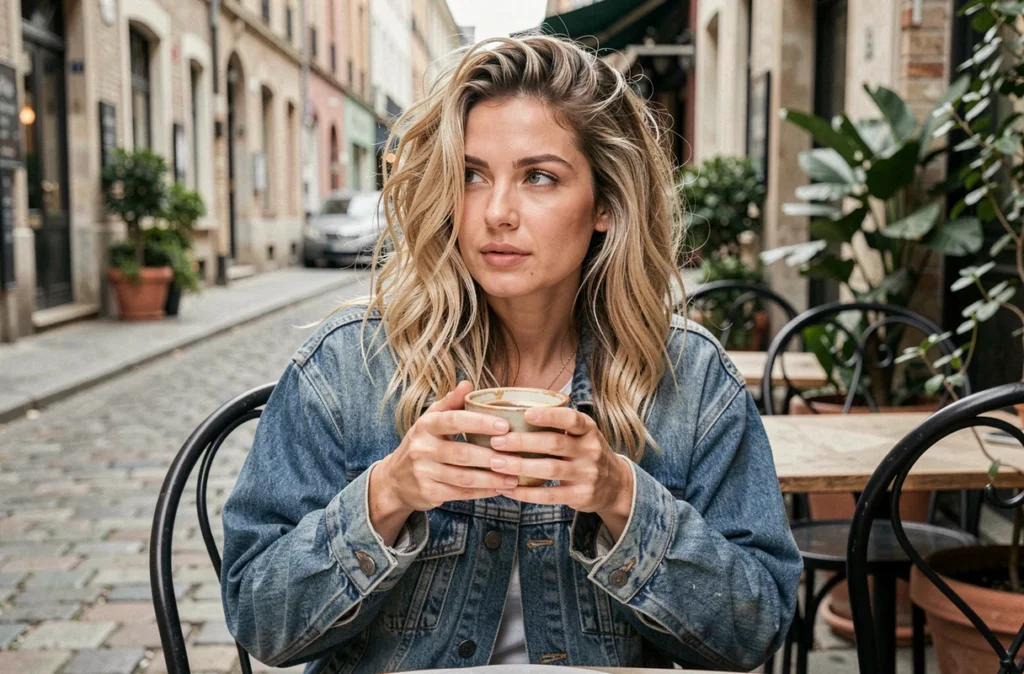Femme aux cheveux ondulés coiffés au spray salin assise en terrasse de café dans une rue pavée européenne