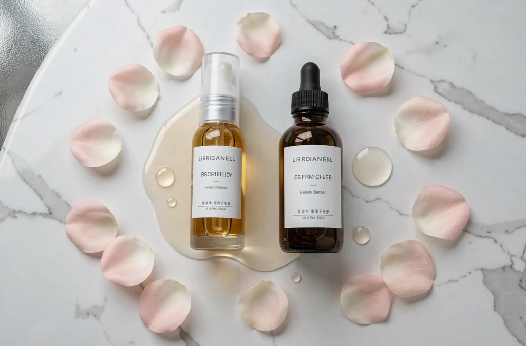 Comparaison entre un flacon d'essence cosmétique et un sérum classique en verre posés sur marbre blanc, cosmétiques haut de gamme