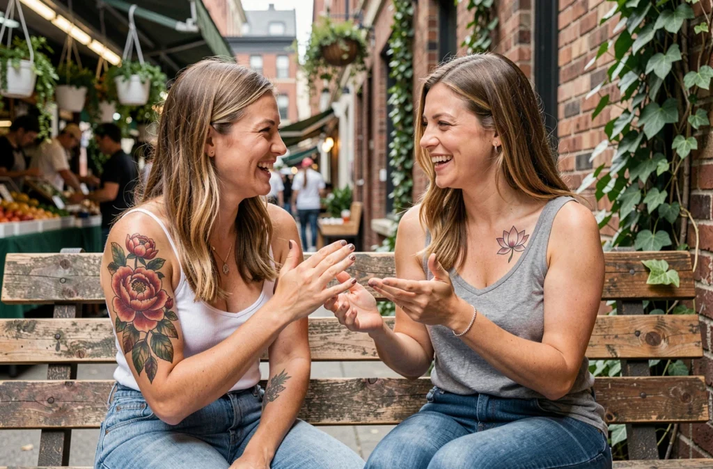 Deux femmes comparant leurs tatouages floraux de pivoine et de lotus dans un marché urbain en plein air