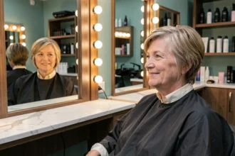 Femme de 60 ans au visage rond avec une coupe courte bien structurée chez le coiffeur, illustrant les bonnes pratiques de coupe adaptée