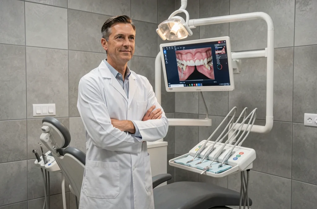 Dentiste professionnel en cabinet The Smilist avec équipement dentaire moderne en arrière-plan