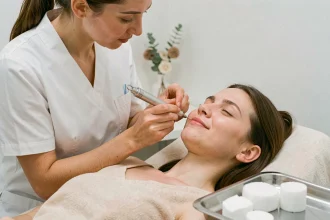 Esthéticienne réalisant un traitement d'électrolyse sur le visage d'une cliente dans une cabine de soin professionnelle à Montpellier