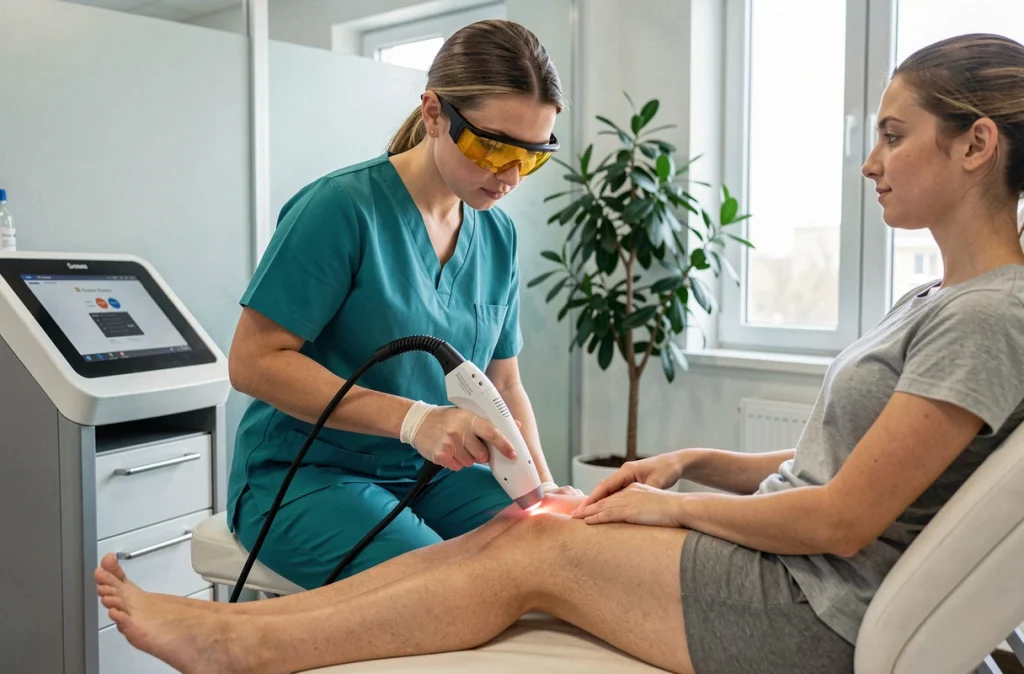 Technicienne laser effectuant une épilation au laser sur la jambe d'une patiente dans une clinique dermatologique moderne