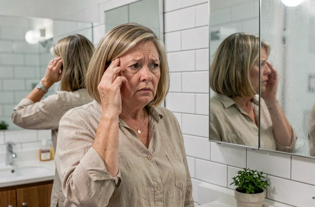 Femme de 60 ans au visage rond inspectant une coupe courte plate devant son miroir, exemple d'une erreur de coiffure à éviter