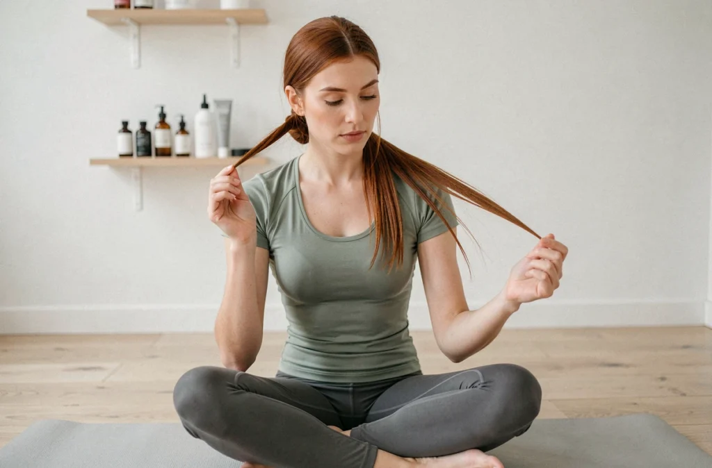 Jeune femme examinant les pointes de ses cheveux roux lors d'une séance de soin à domicile, illustrant le suivi mensuel de la croissance capillaire