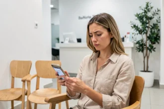 Femme consultant les avis The Smilist sur son smartphone dans une salle d'attente de clinique dentaire moderne