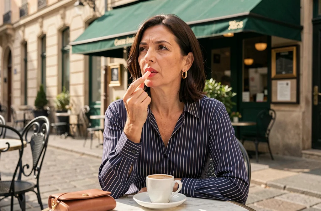 Femme élégante appliquant un baume à lèvres teinté corail en terrasse de café parisien