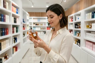 Femme examinant un flacon de parfum dans une boutique primor avec des étagères de parfums en arrière-plan