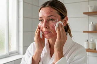 Femme aux peaux sensibles appliquant un lait démaquillant sans parfum avec un coton dans une salle de bain minimaliste