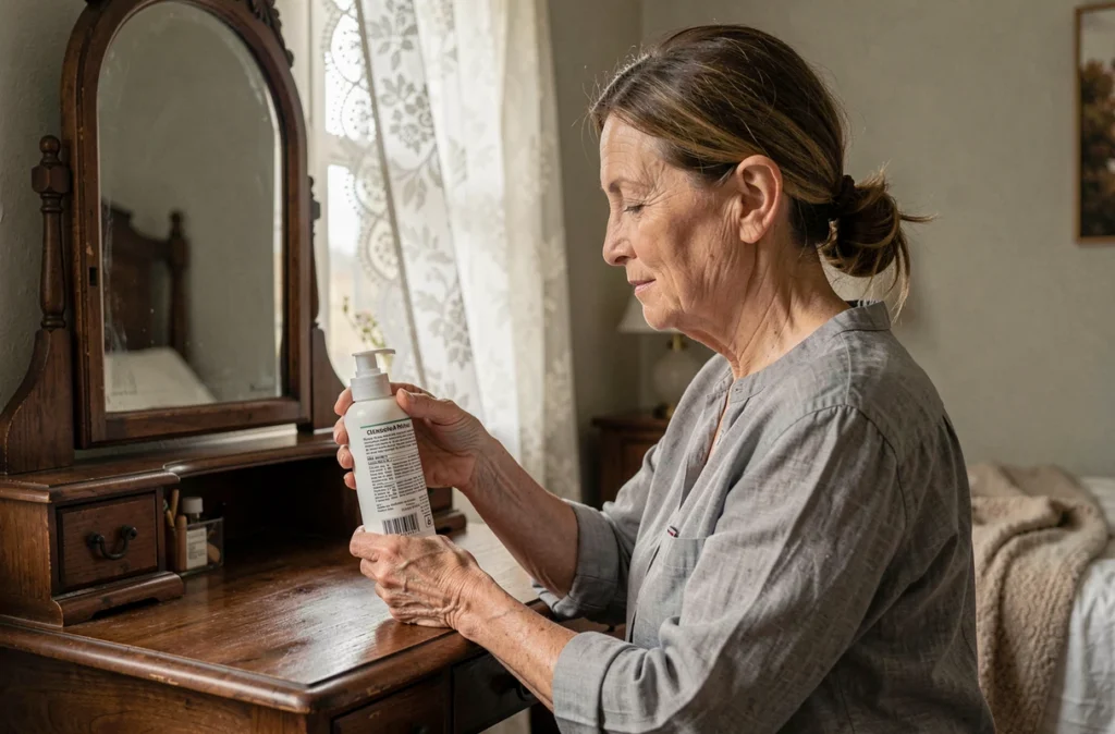 Femme mature lisant l'étiquette d'un lait démaquillant sans parfum à sa coiffeuse en bois vintage