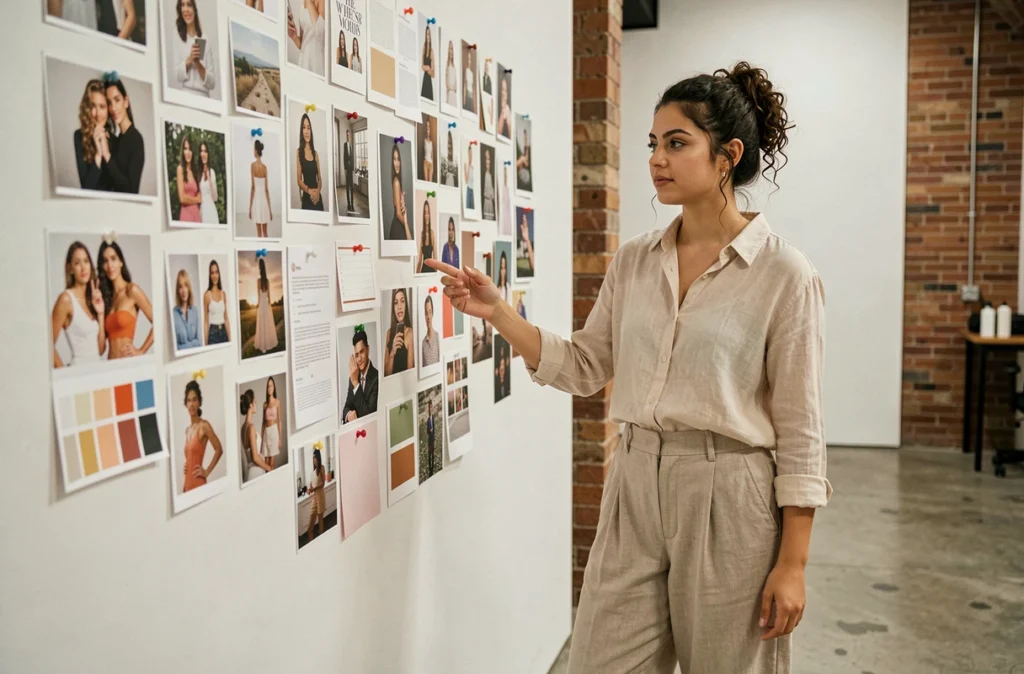 Jeune femme professionnelle analysant un mur de photos et références pour définir les standards de beauté contemporains