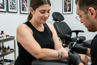 Jeune femme se faisant tatouer le poignet dans un studio de tatouage moderne, illustration du prix d'un premier tatouage