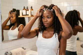 Femme noire aux cheveux bouclés en transition capillaire appliquant une crème définissante dans sa salle de bain