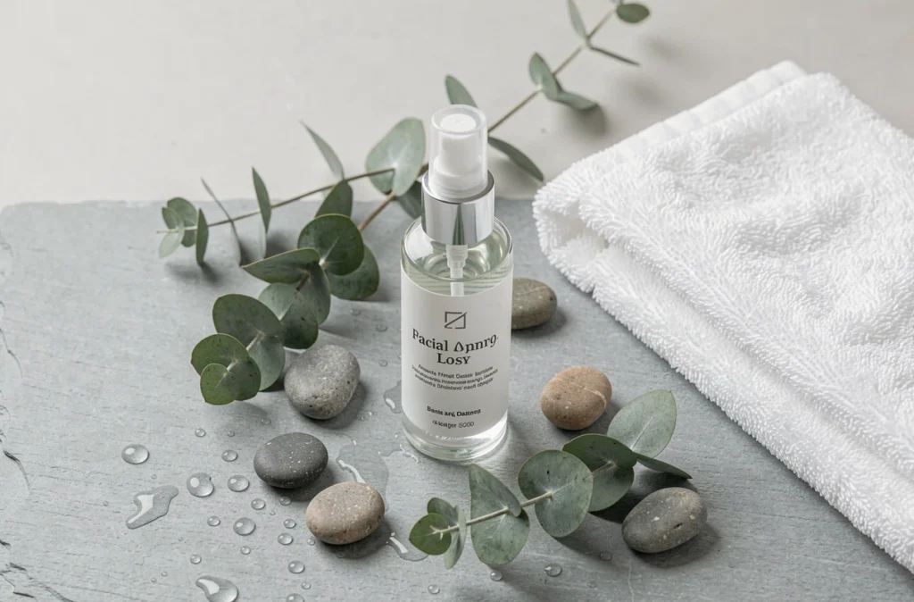 Flacon de brume hydratante visage en mise en scène minimaliste avec pierres et eucalyptus