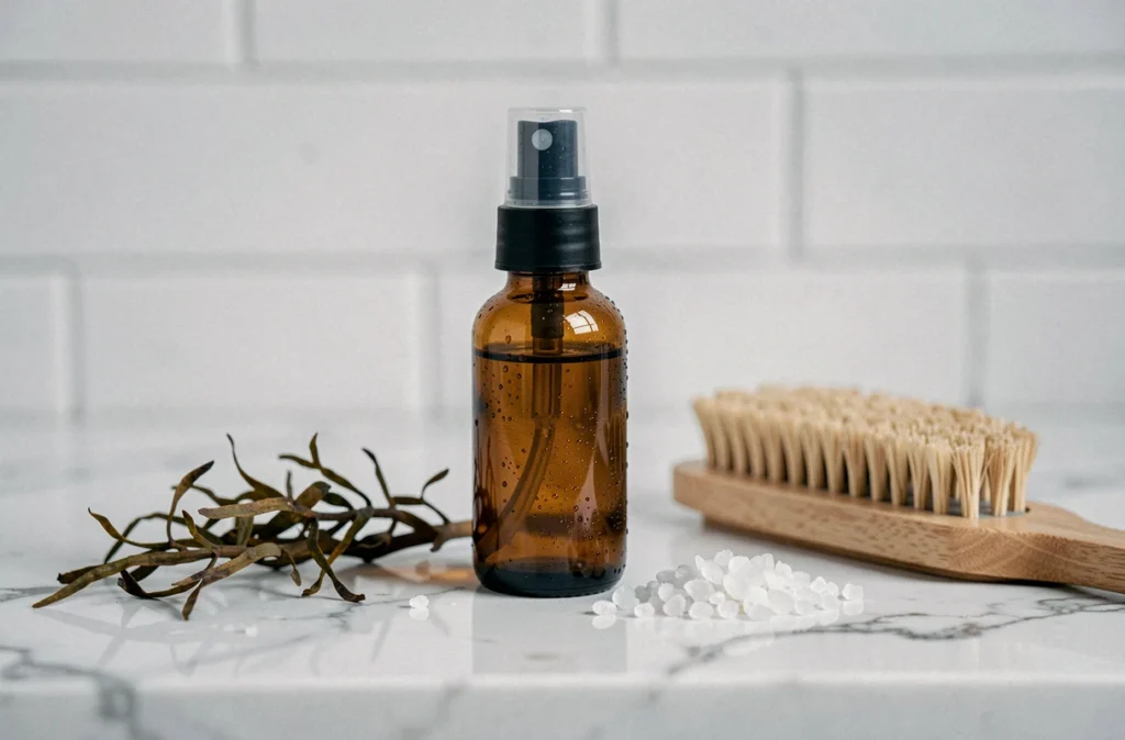 Flacon de spray eau de mer posé sur un comptoir en marbre blanc dans une salle de bain minimaliste