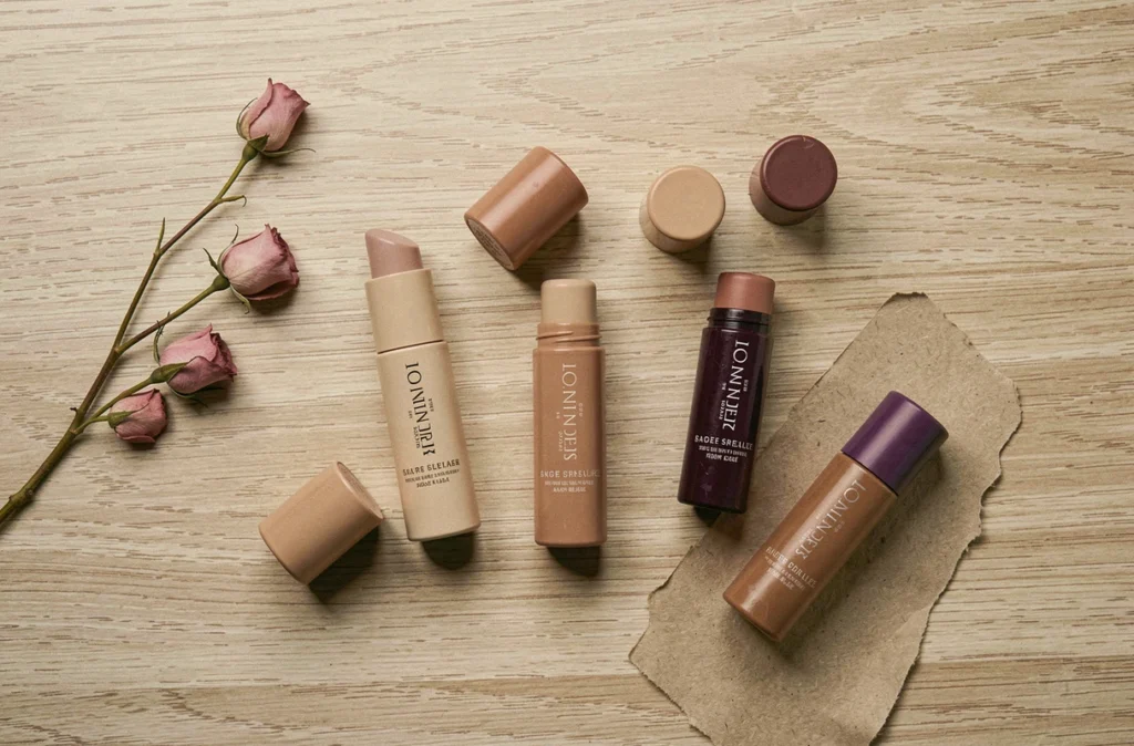 Flat lay de cinq baumes à lèvres teintés en dégradé de couleurs sur surface en bois clair avec pétales de rose séchées