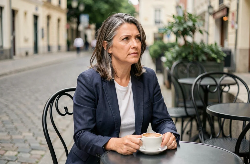Femme aux cheveux bruns avec reflets gris naturels en terrasse de café, look entretenu et décontracté