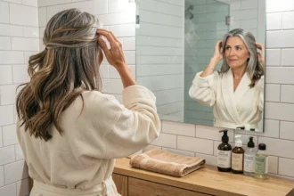 Femme brune aux cheveux gris blendés prenant soin de ses cheveux devant un miroir de salle de bain
