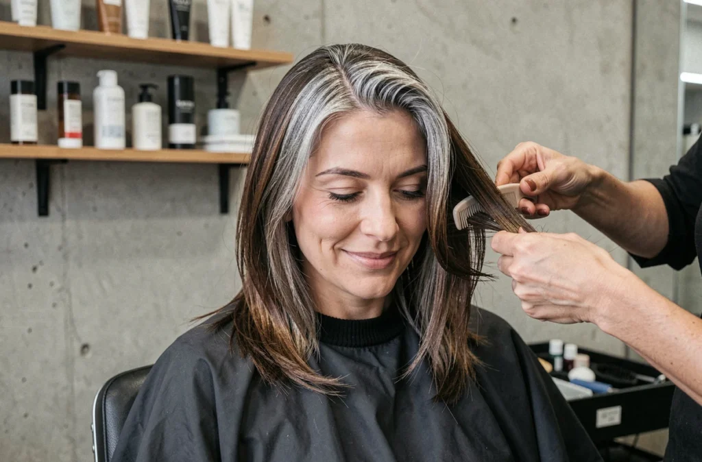Femme en salon de coiffure avec un grey blending naturel sur cheveux bruns lors d'un soin capillaire