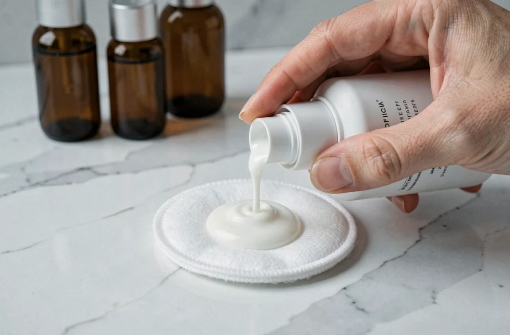 Gros plan d'un lait démaquillant sans parfum versé sur un coton réutilisable sur un plan en marbre blanc