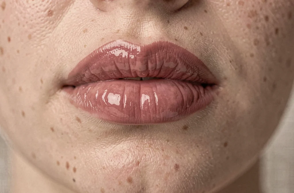 Gros plan macro de lèvres féminines recouvertes d'un baume teinté framboise avec texture naturelle visible