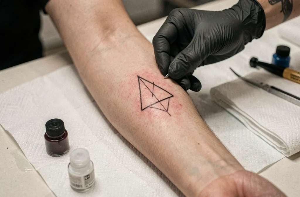 Gros plan sur un premier tatouage minimaliste fraîchement réalisé sur l'avant-bras, détail du travail et du prix d'un tatouage simple