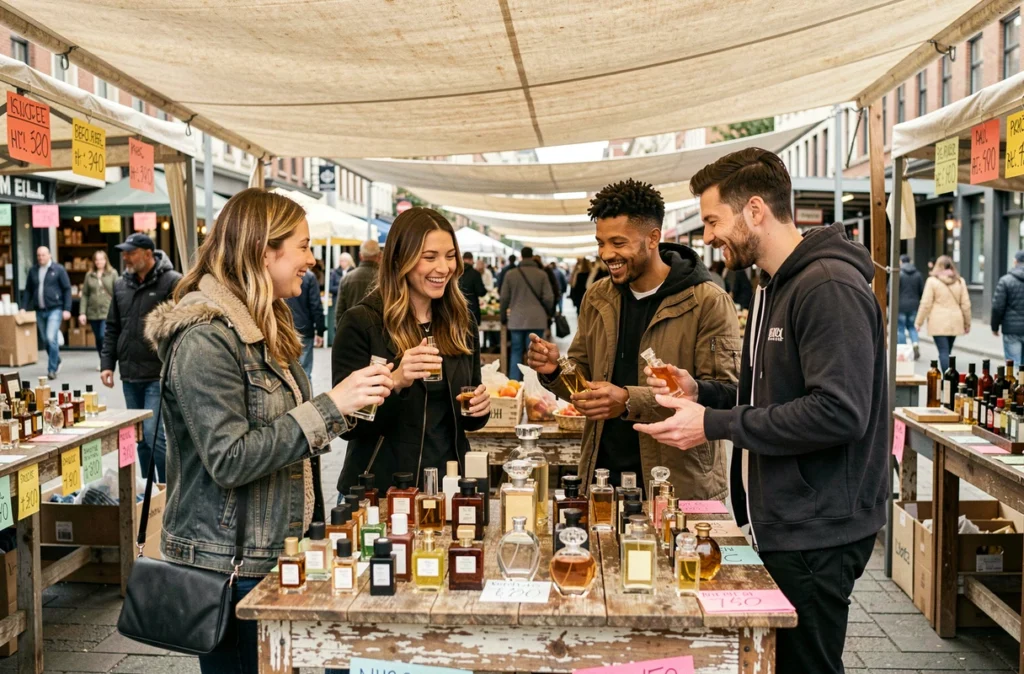Groupe de personnes comparant des parfums primor sur un marché en plein air avec des étiquettes promotionnelles