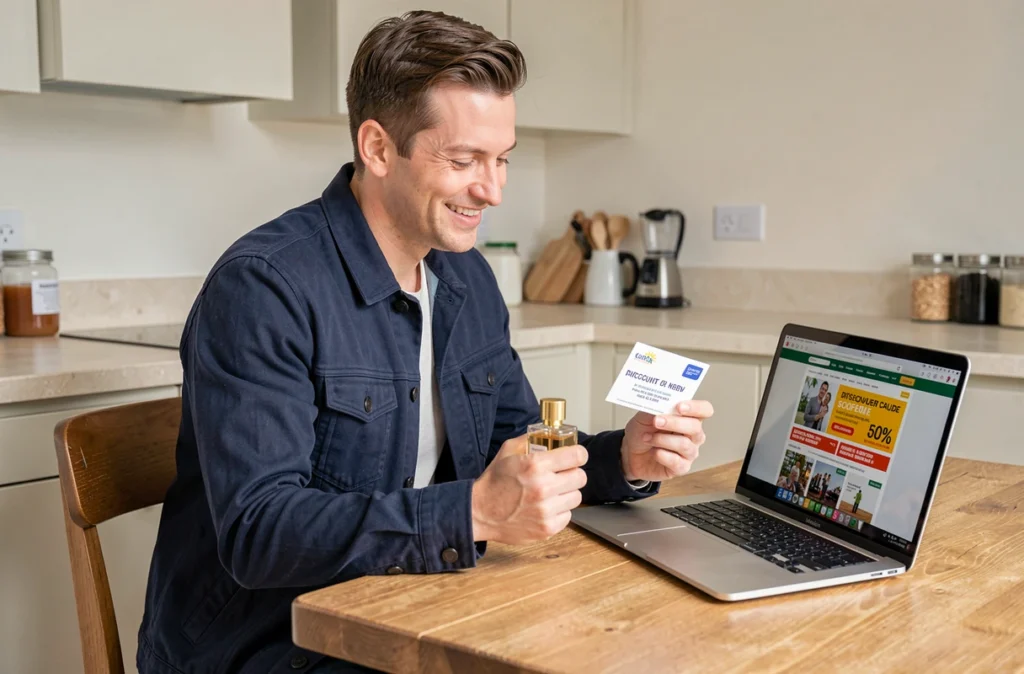 Homme utilisant un code promo parfum primor sur son ordinateur portable à la maison avec un flacon de parfum