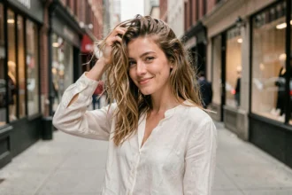 Femme aux ondulations naturelles texturées par un spray eau de mer dans un cadre urbain animé
