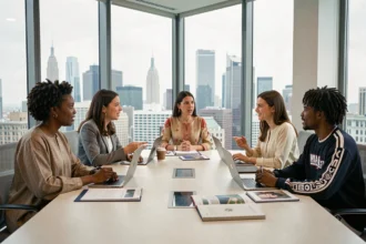 Panel de femmes de cultures différentes débattant des critères de beauté féminine mondiale autour d'une table de conférence moderne