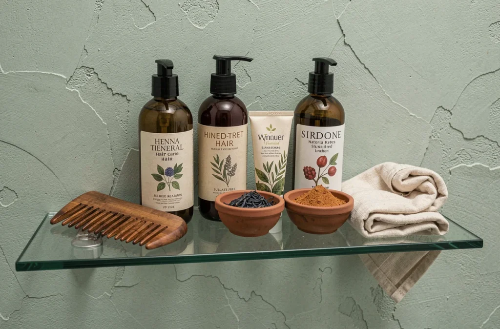 Produits capillaires naturels sans sulfates adaptés aux cheveux colorés au henné sur une étagère en céramique