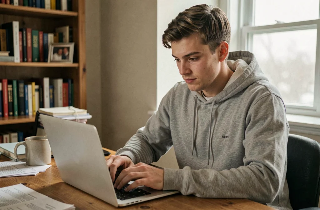 Jeune homme rédigeant un avis en ligne sur The Smilist depuis son bureau à domicile