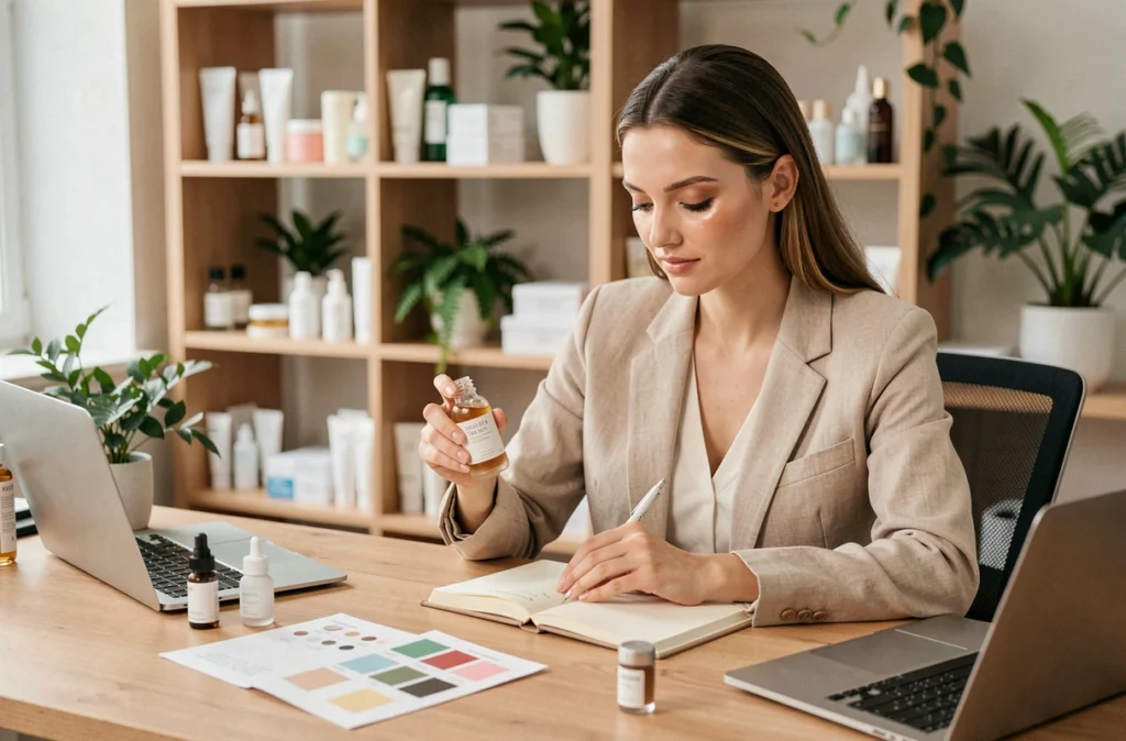 Rédactrice beauté analysant une essence cosmétique dans un studio éditorial, test et comparaison de produits de soin visage