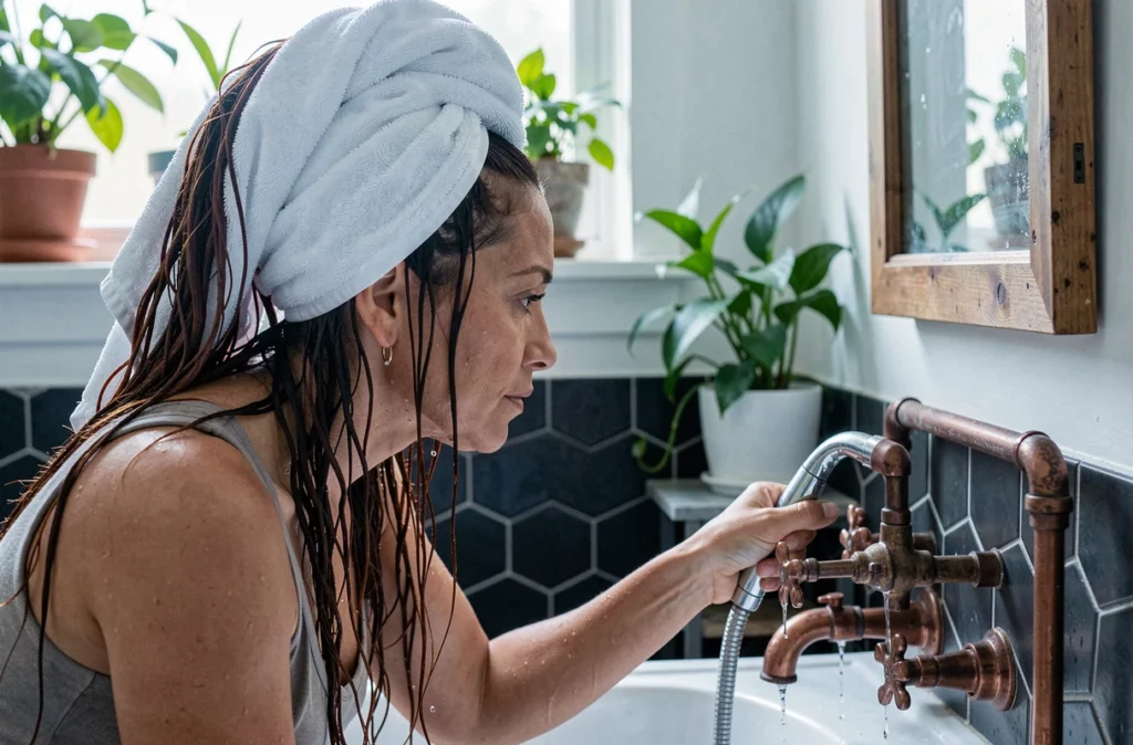 Femme rinçant ses cheveux colorés au henné à l'eau froide au lavabo pour préserver la couleur naturelle