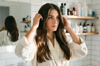Femme prenant soin de ses cheveux longs dans une salle de bain minimaliste, illustrant une routine de croissance capillaire régulière