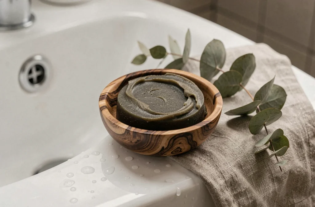 Bol en bois d'olivier contenant du savon noir beldi posé sur un lavabo en céramique blanche avec un linge de mousseline